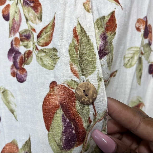 SFCC Women 100% Linen Top Medium White Peaches Novelty Button Down Coastal Tunic - Picture 5 of 8